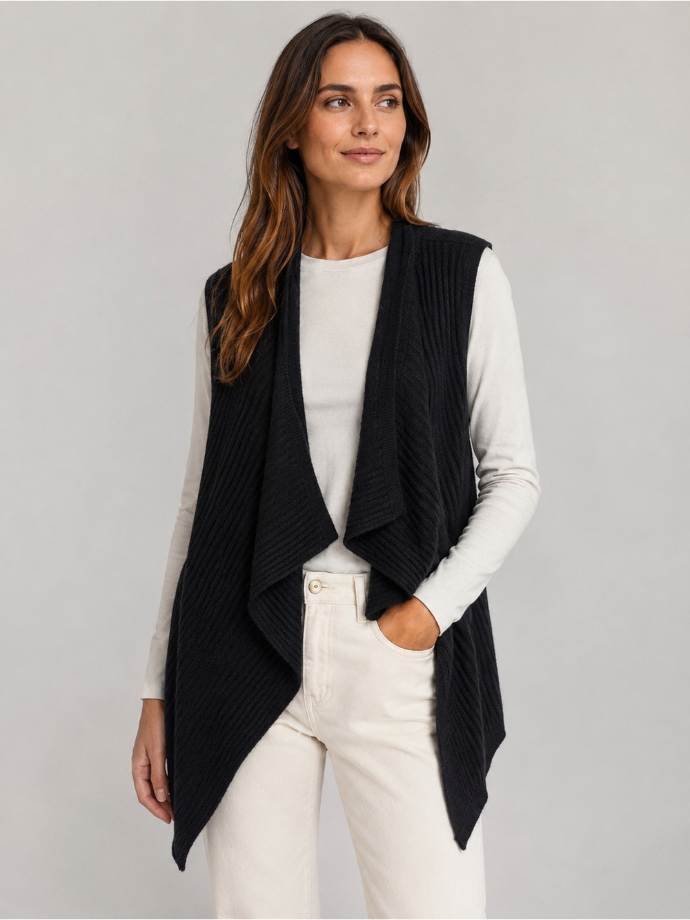 Ginger cashmere Black Sleeveless Draped Knit Sweater open Vest size small